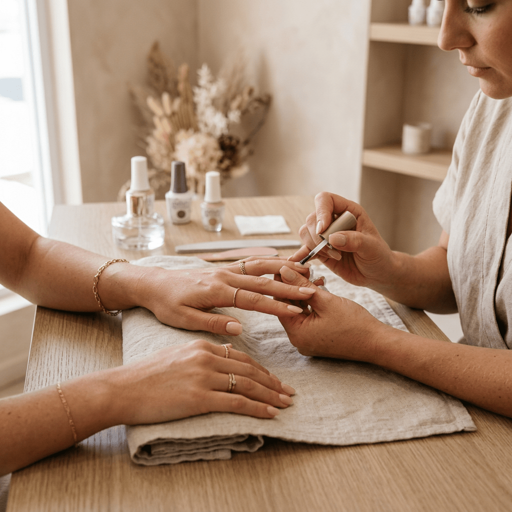 Nail technician applying polish on client's fingernails over a towel with manicure tools on the table